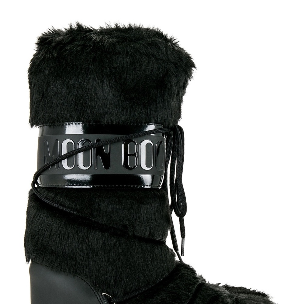 Moon Boot Women's Black Faux Fur Winter Boots. Icon design.